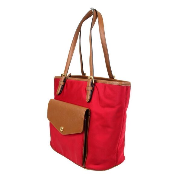 MICHAEL KORS RED NYLON CANVAS TAN BROWN GENUINE LEATHER TRIM TOTE SHOULDER BAG - Picture 3 of 14